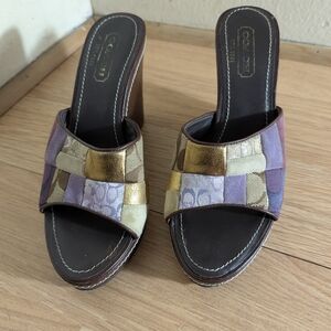 Coach Purple and Gold Wedge Shoes with Patchwork Design